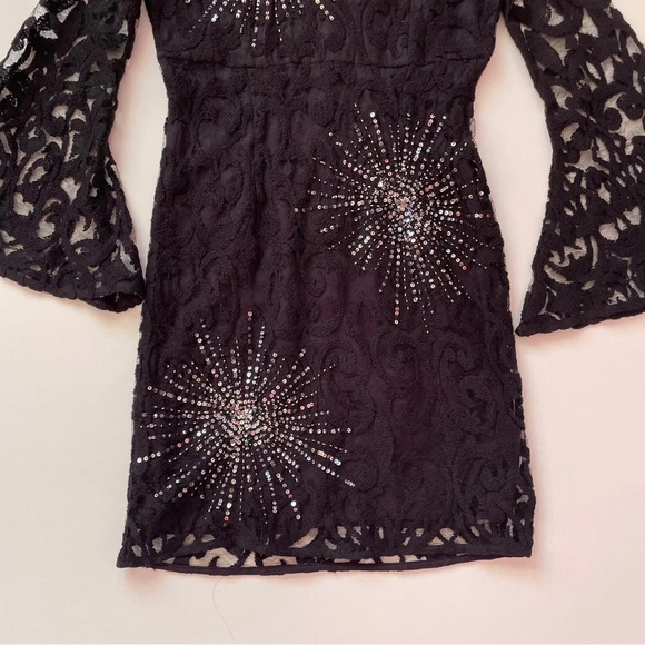 FREE PEOPLE North Star Black Lace Bell Sleeve Sequin Mini Dress Size 0 - Picture 12 of 16